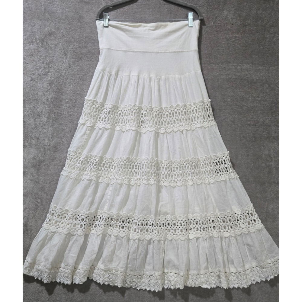 Vtg Y2K Tiered Maxi Skirt Medium Crochet Fairy Cottage Renaissance Boho Coquette